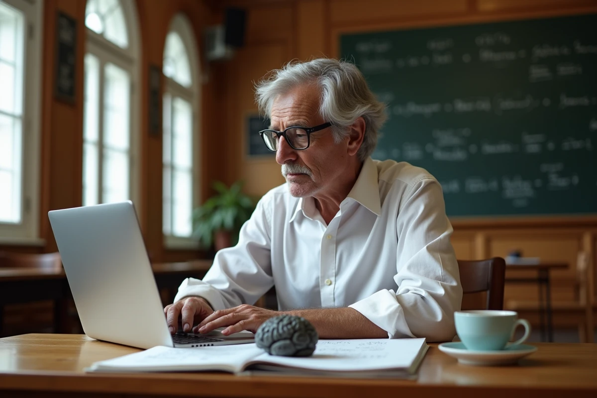 Académicien spécialiste de l'intelligence artificielle réfléchissant à son bureau avec un ordinateur portable et un modèle de cerveau dans une salle de séminaire universitaire
