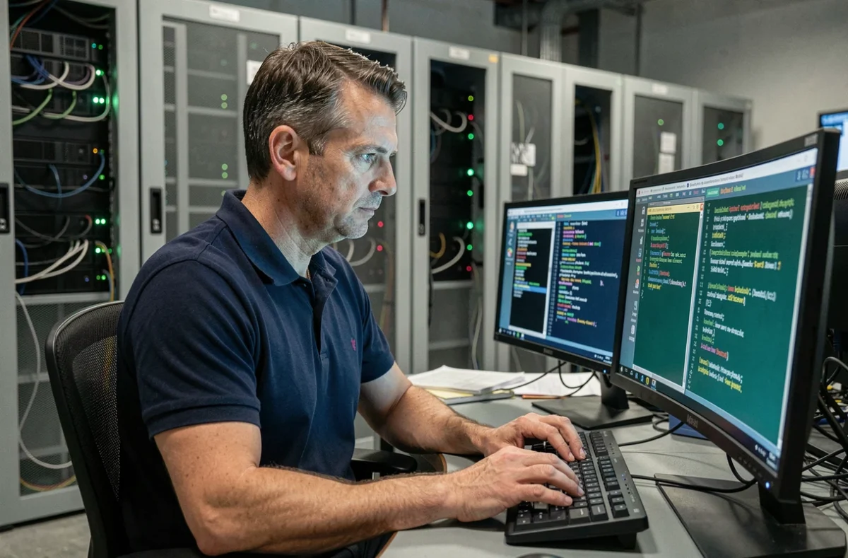 Administrateur systèmes analysant des commandes Solaris sur des écrans de terminal dans une salle serveur professionnelle
