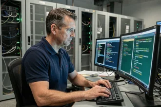 Administrateur systèmes analysant des commandes Solaris sur des écrans de terminal dans une salle serveur professionnelle