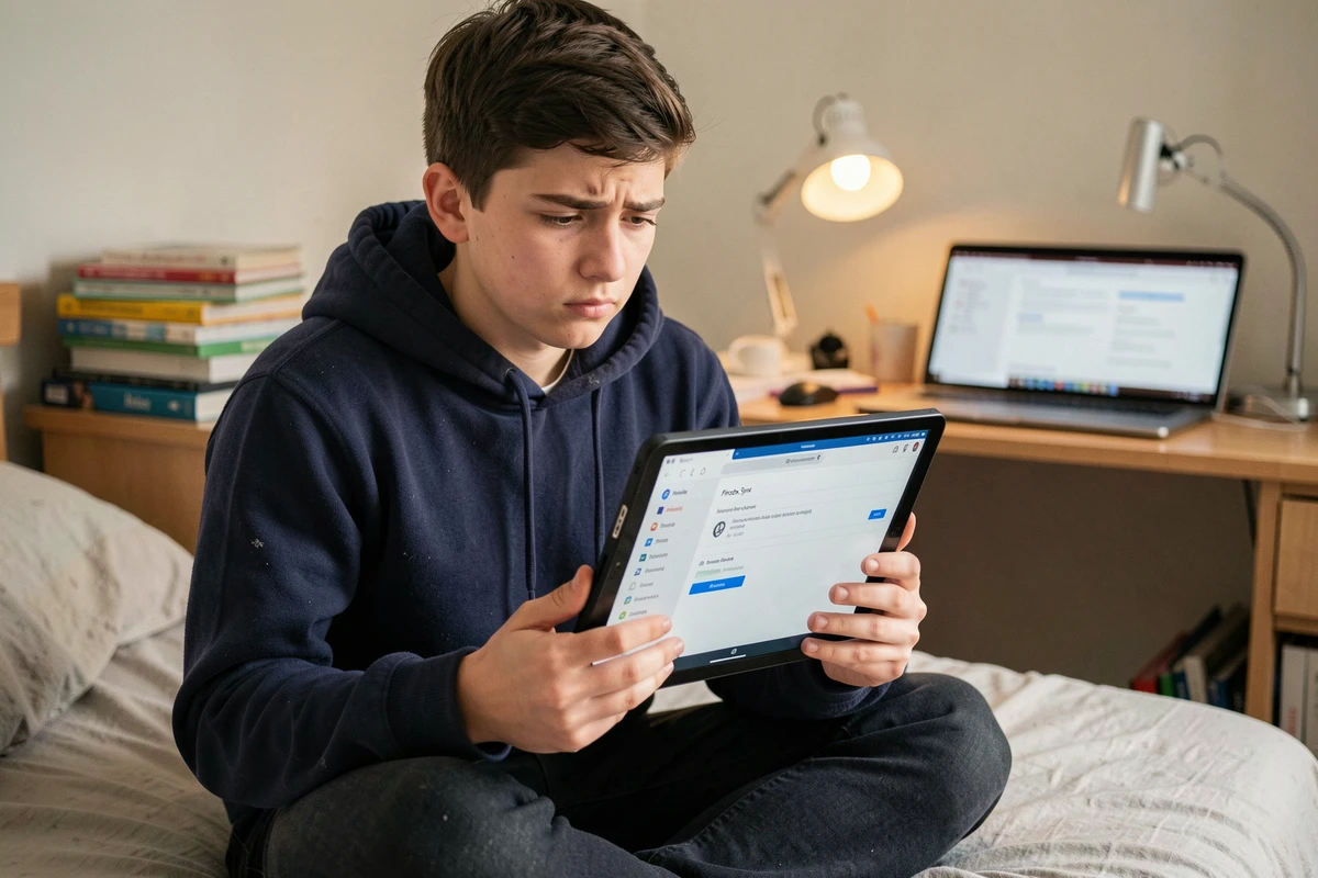 Adolescent dans sa chambre tenant une tablette avec Firefox Sync affichant une erreur de synchronisation des marques-pages