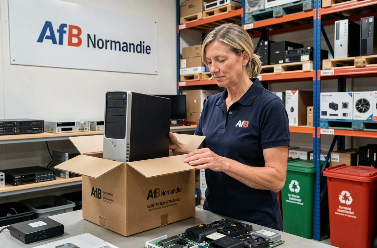 Employée d'AfB Normandie emballant un ordinateur reconditionné certifié dans un entrepôt
