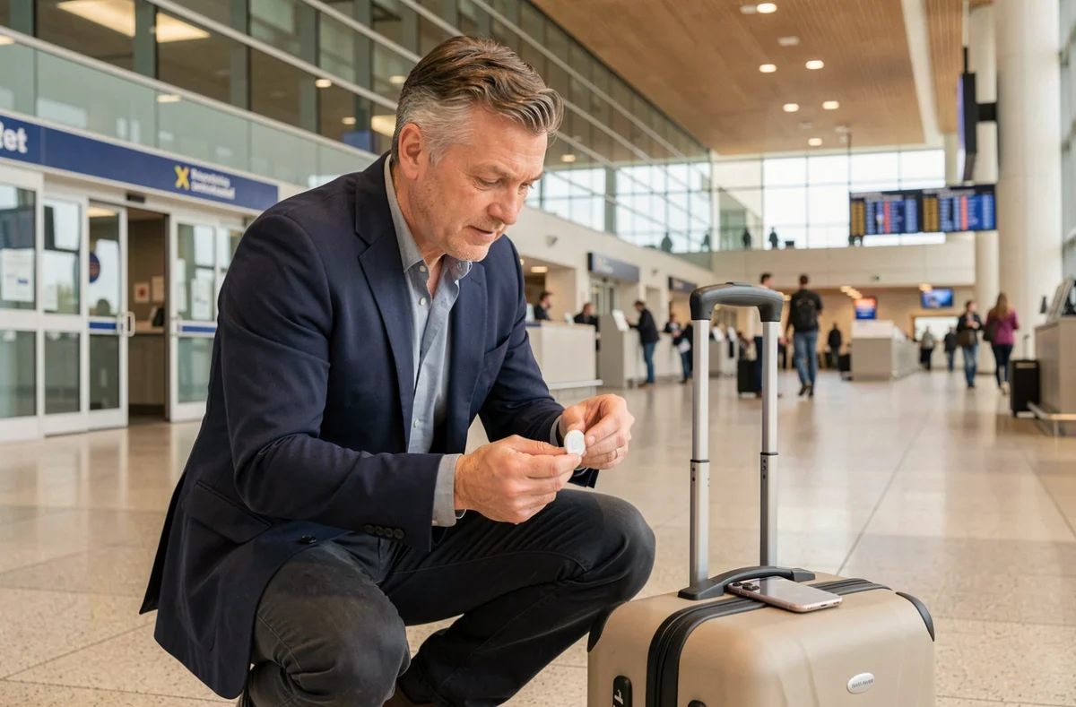 Homme inspectant un AirTag Apple trouvé sur sa valise dans un aéroport international avant un voyage