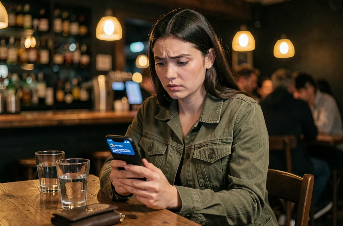 Jeune femme recevant une alerte AirTag inconnu sur son iPhone lors d'une soirée en bar ou restaurant