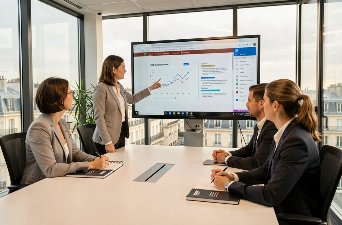 Consultante Almond présentant un rapport d'évaluation des risques cybersécurité à Paris