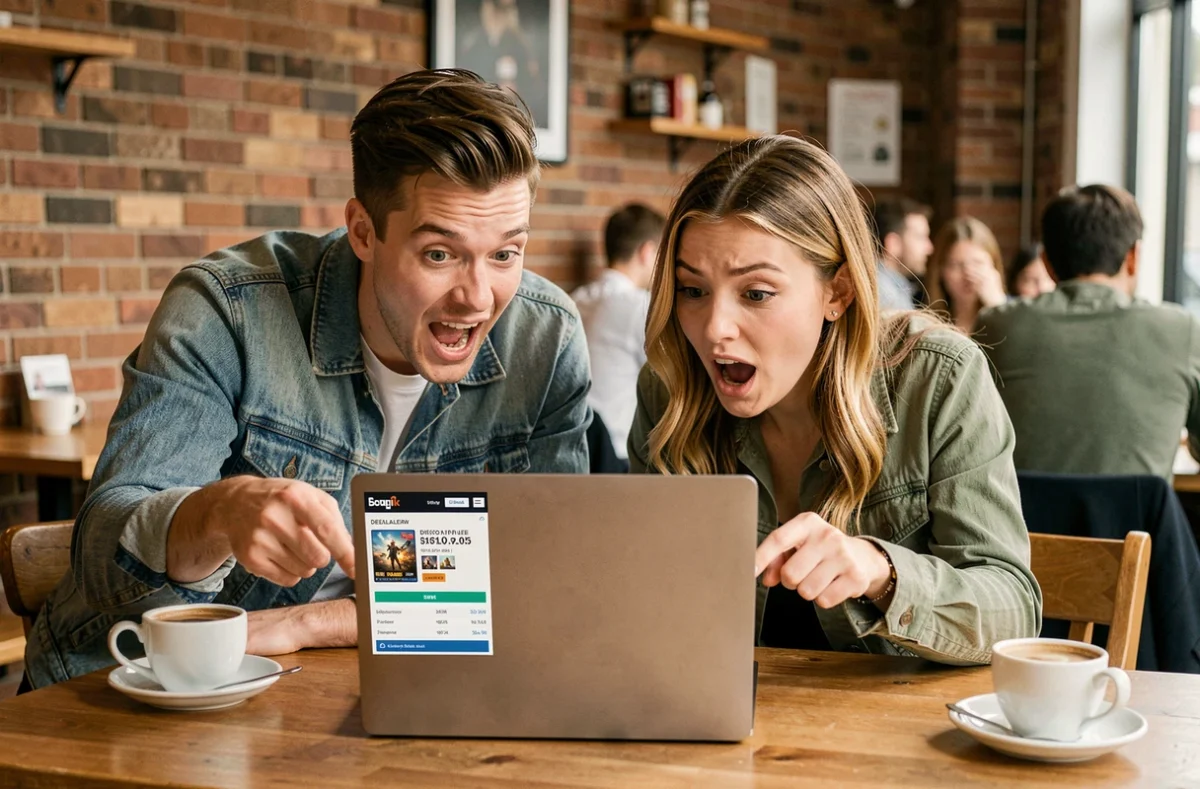 Deux amis découvrant des promotions sur des sites alternatifs à Instant Gaming dans un café urbain