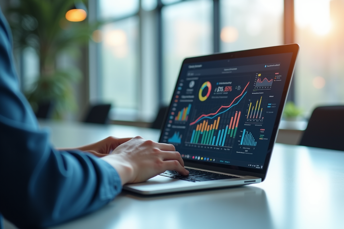 Professionnel analysant des données de parcours client avec graphiques AI