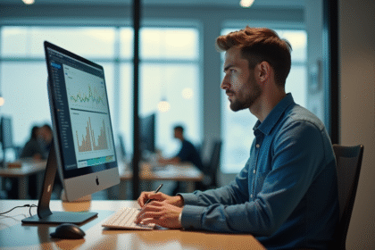 Jeune homme analysant des données SEO sur un ordinateur