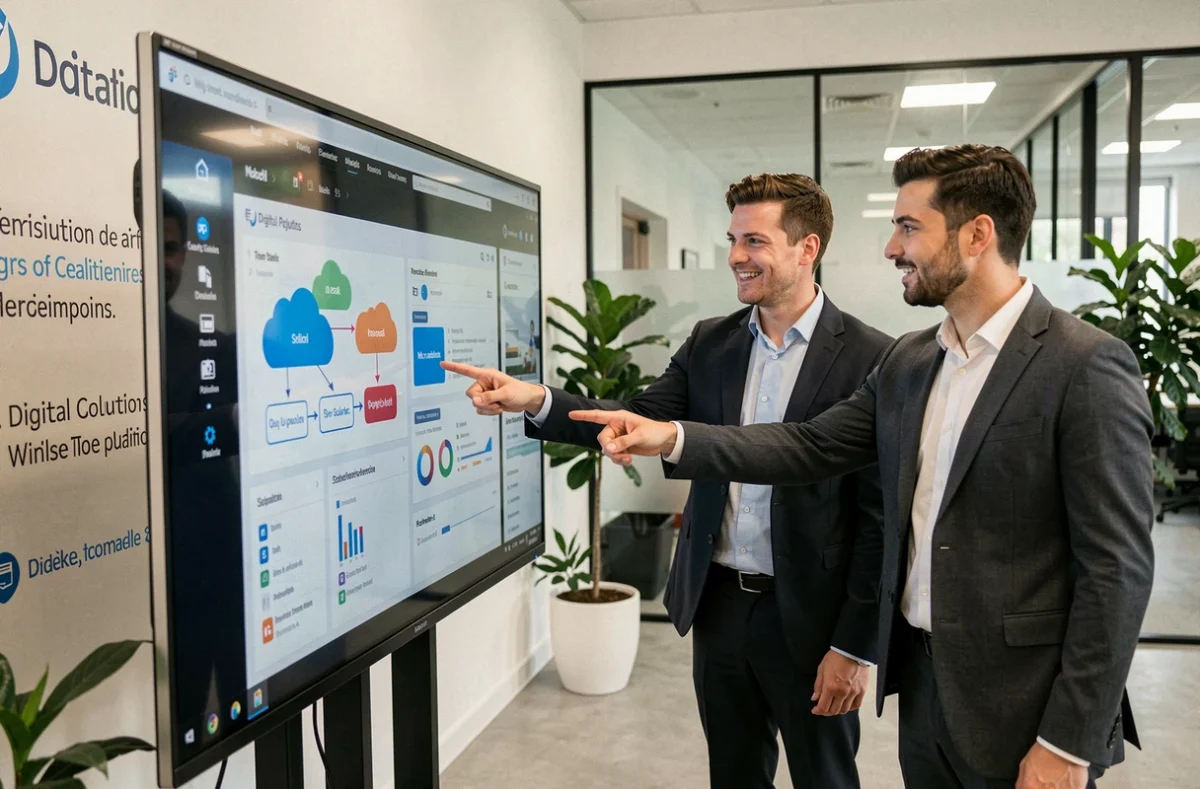 Équipe d'APS Solutions Informatiques présentant des solutions numériques pour entreprises autour d'un écran