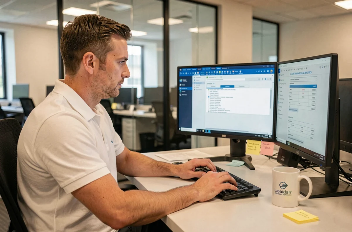 Technicien Blue-Serve effectuant une télémaintenance sur un poste client depuis son bureau