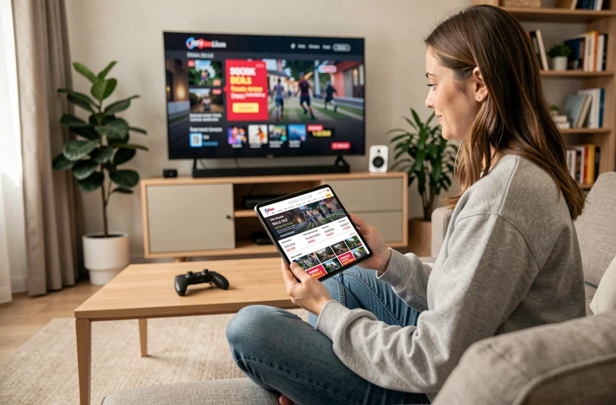 Femme consultant un site de bons plans jeux vidéo sur tablette dans un salon moderne