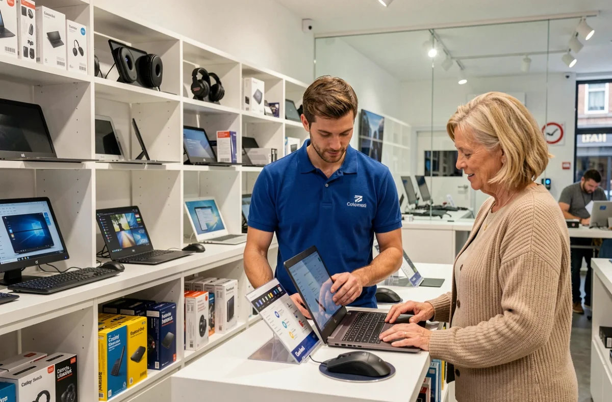 Vendeur de la boutique LDLC Calais conseillant une cliente devant un rayon d'ordinateurs portables
