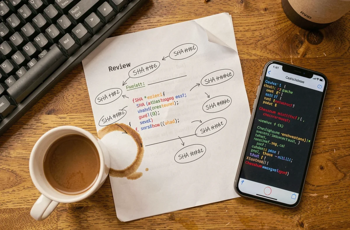 Vue aérienne d'un bureau avec annotations manuscrites sur des hash SHA, clavier mécanique et avertissement de non-correspondance de checksum sur smartphone