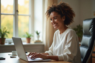 Adult assis à un bureau lumineux utilisant un ordinateur portable
