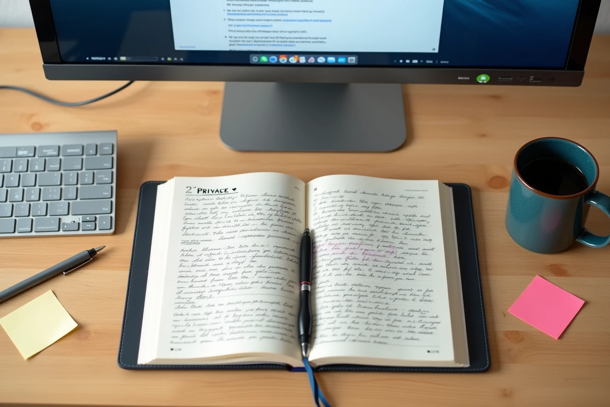 Vue aérienne d'un bureau avec un service de messagerie temporaire Yopmail ouvert sur écran, entouré de notes sur la confidentialité en ligne