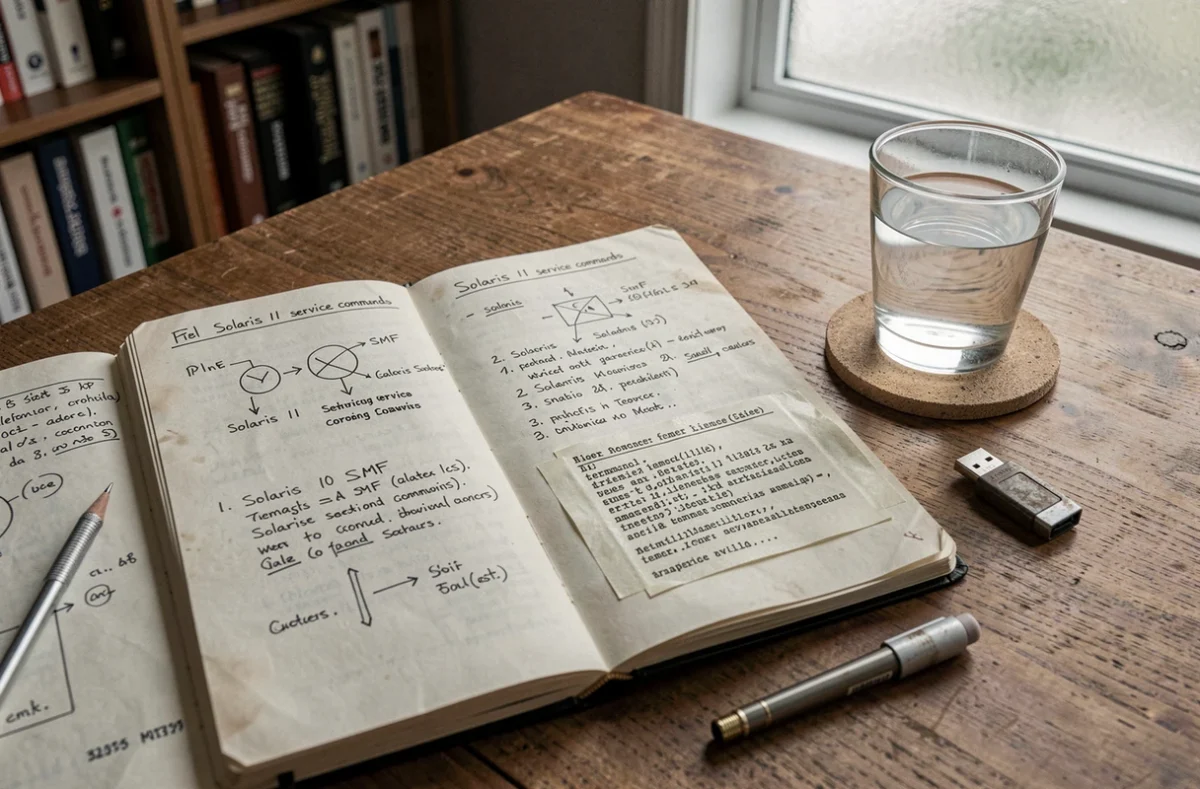 Carnet de notes technique ouvert avec des comparaisons manuscrites des commandes de services Solaris 10 et Solaris 11 sur un bureau en bois