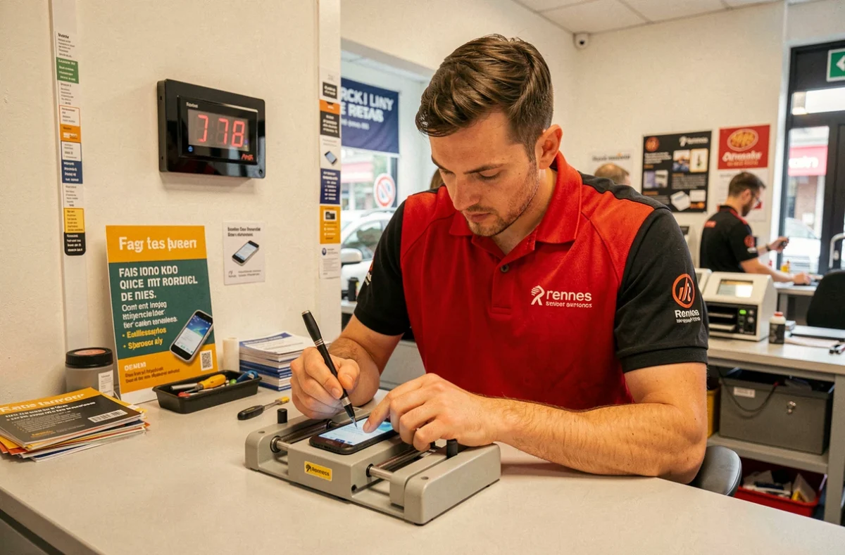 Technicien de Cash and Repair à Rennes effectuant une réparation express de smartphone dans un atelier dynamique