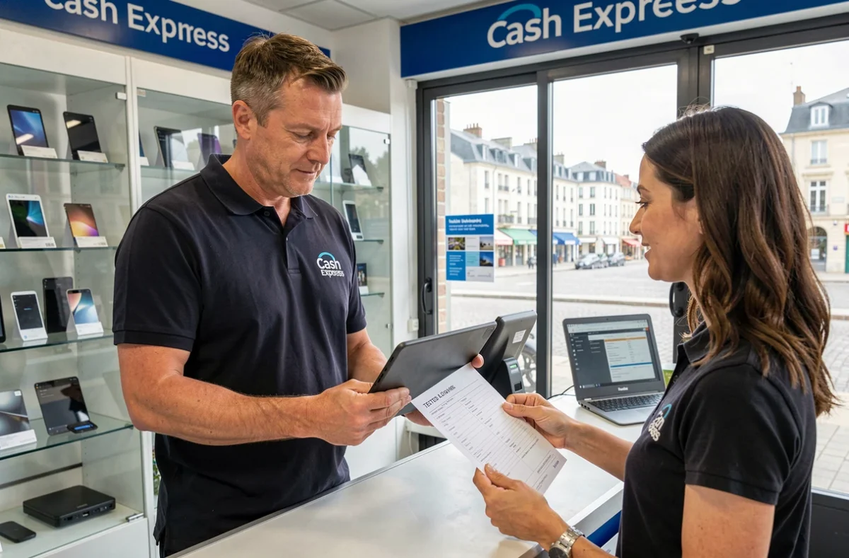 Responsable Cash Express Le Havre présentant une tablette reconditionnée à une cliente au comptoir