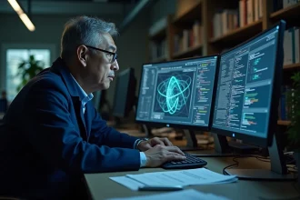 Chercheur en intelligence artificielle analysant des réseaux de neurones sur double écran dans un laboratoire universitaire moderne
