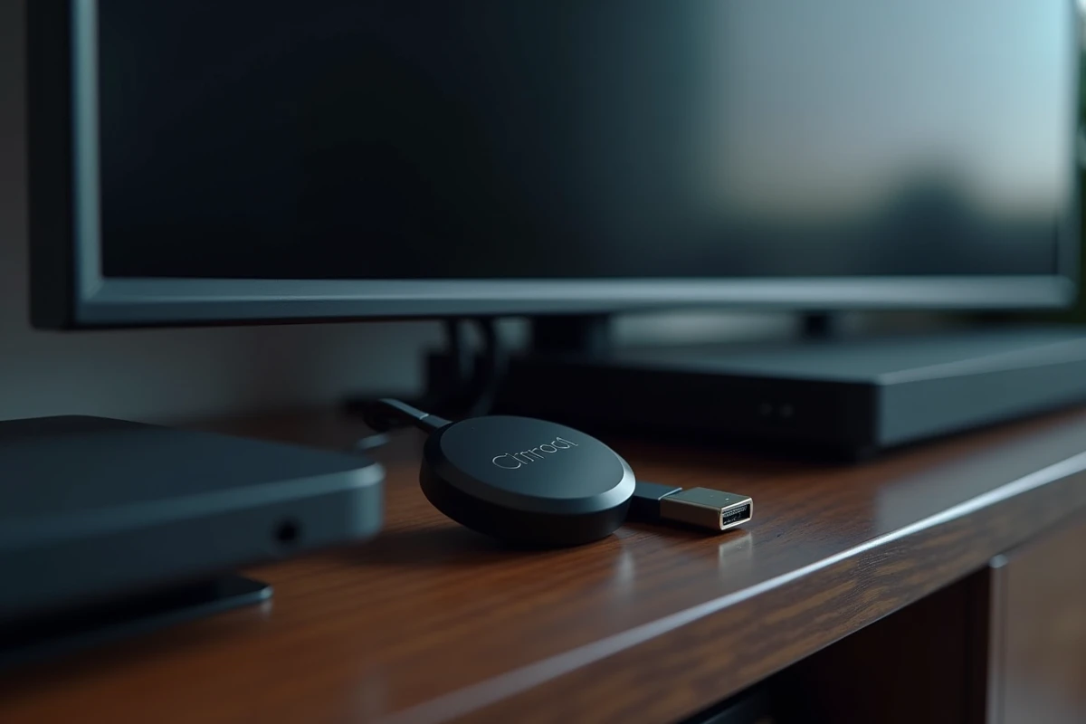 Clé Chromecast branchée sur le port HDMI d'un téléviseur avec câble USB et barre de son sur un meuble TV en bois