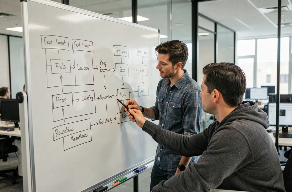 Deux développeurs collaborant au tableau blanc pour concevoir une architecture de composants réutilisables et extensibles en équipe