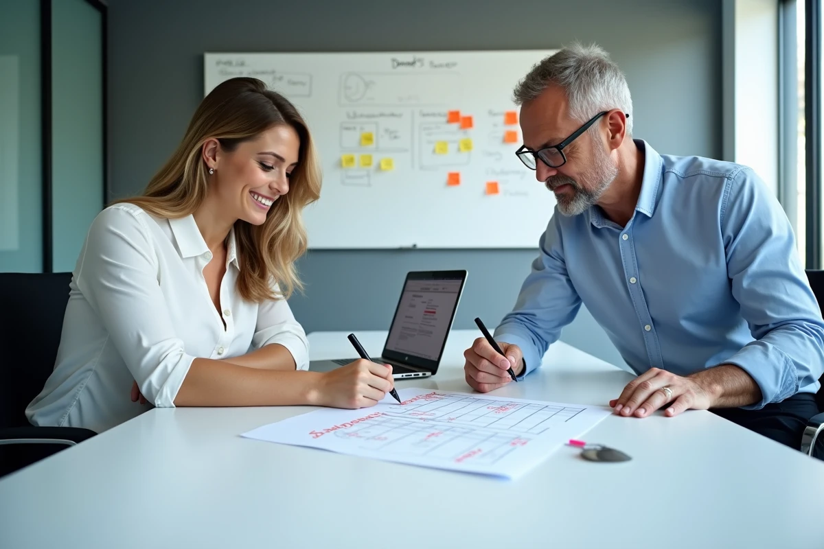 Deux développeurs web collaborant sur la conception d'un formulaire HTML avec validation côté client, annotant un wireframe imprimé