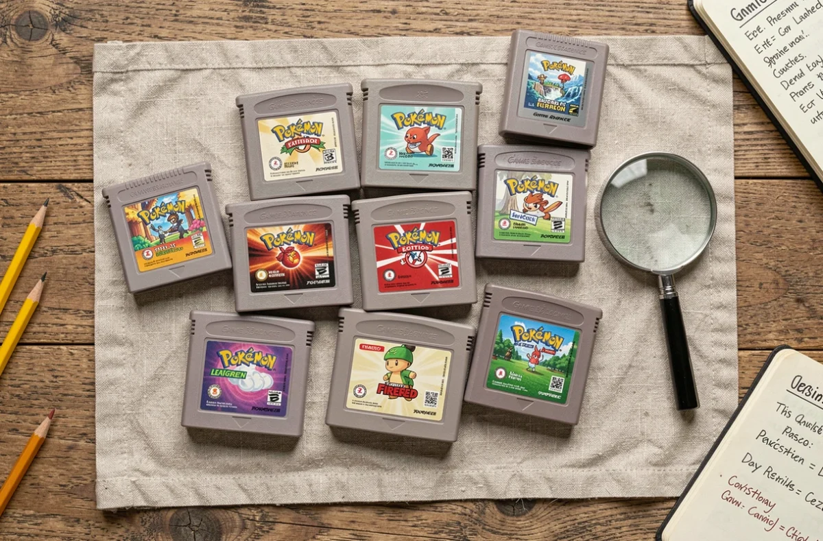 Collection de cartouches Game Boy Advance Pokémon en français disposées sur une table en bois avec des notes manuscrites