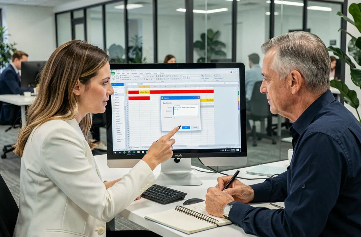 Deux collègues collaborant sur la détection de doublons dans Excel dans un espace de coworking moderne