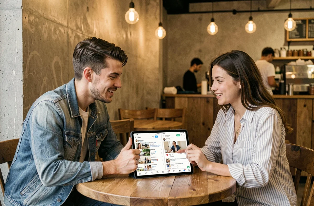 Deux professionnels comparant des applications similaires à Picuki sur une tablette dans un café urbain