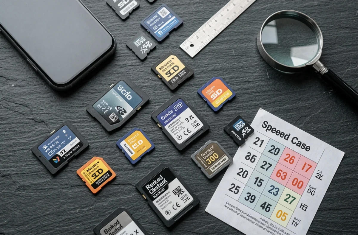 Vue aérienne de plusieurs cartes SD et microSD de différentes capacités disposées sur une surface en ardoise avec des accessoires