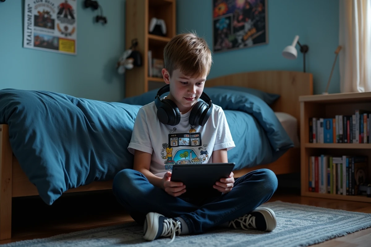 Adolescent comparant la qualité de captures d'écran de jeux vidéo sur une tablette dans sa chambre gaming
