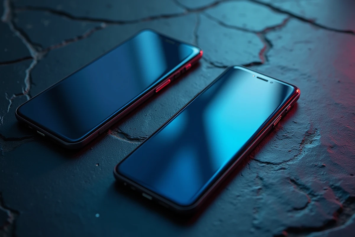Vue de dessus de trois smartphones Samsung Galaxy A series dont le A51 disposés sur une surface en ardoise sombre pour comparaison