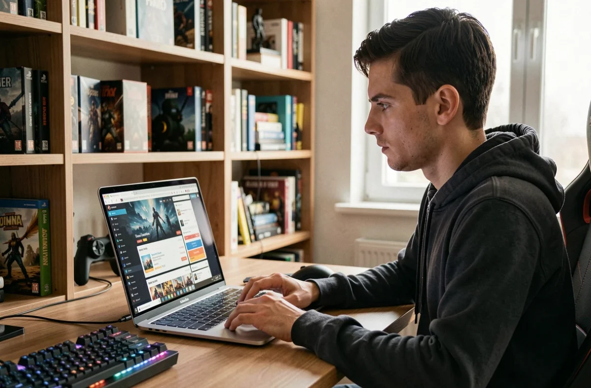 Jeune homme comparant des sites de jeux vidéo en ligne sur son ordinateur portable dans un bureau gaming à domicile