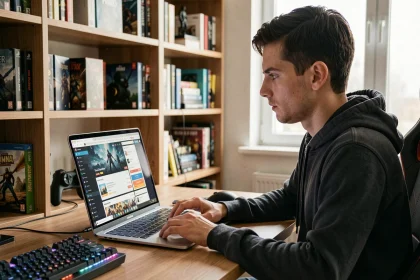 Jeune homme comparant des sites de jeux vidéo en ligne sur son ordinateur portable dans un bureau gaming à domicile
