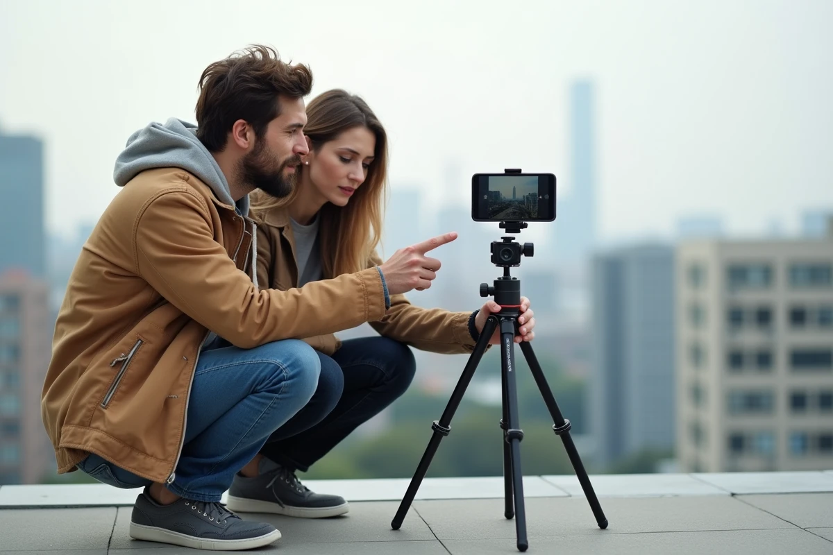 Deux personnes comparant des vidéos filmées sur smartphone sur une terrasse avec vue sur la ville