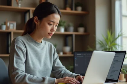 Femme configurant les paramètres de localisation sur un MacBook Pro dans un bureau à domicile moderne