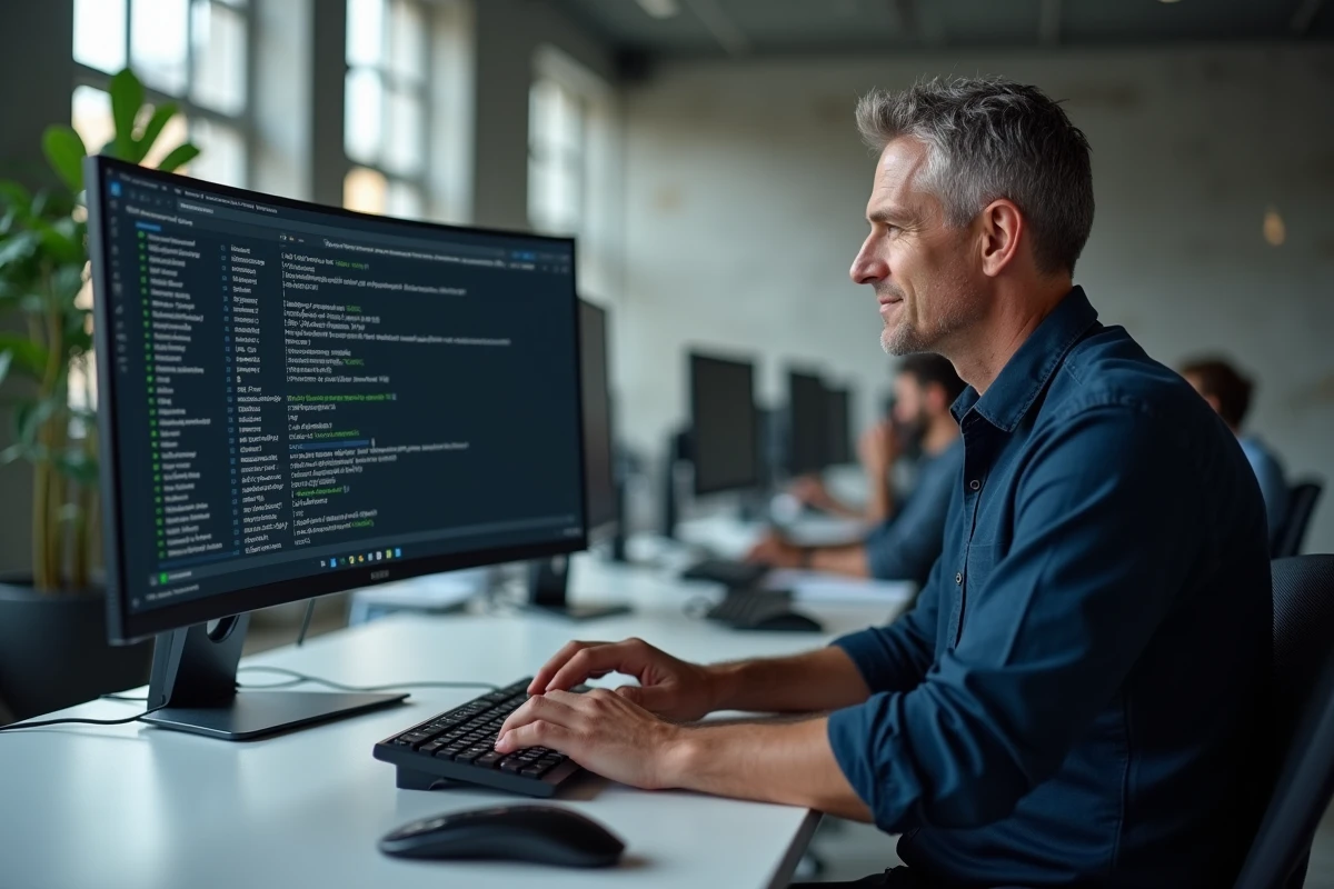 Homme configurant des raccourcis clavier AZERTY dans un bureau open space moderne sous Linux
