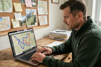 Homme consultant un fichier GPX avec tracé de randonnée sur un ordinateur portable dans un bureau à domicile