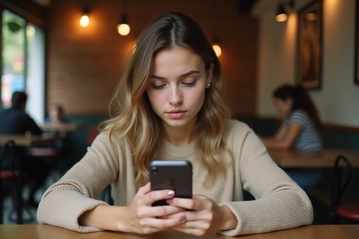 Jeune femme consultant anonymement une story Snapchat sur son smartphone dans un café