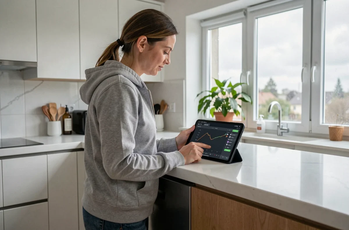 Femme convertissant un fichier GPX en PDF sur une tablette dans une cuisine moderne