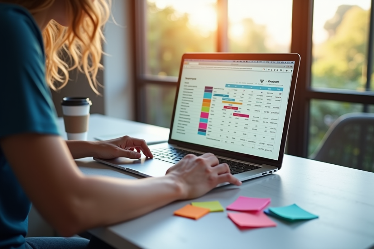 Designer travaillant à un bureau moderne avec un ordinateur affichant un tableau de budget