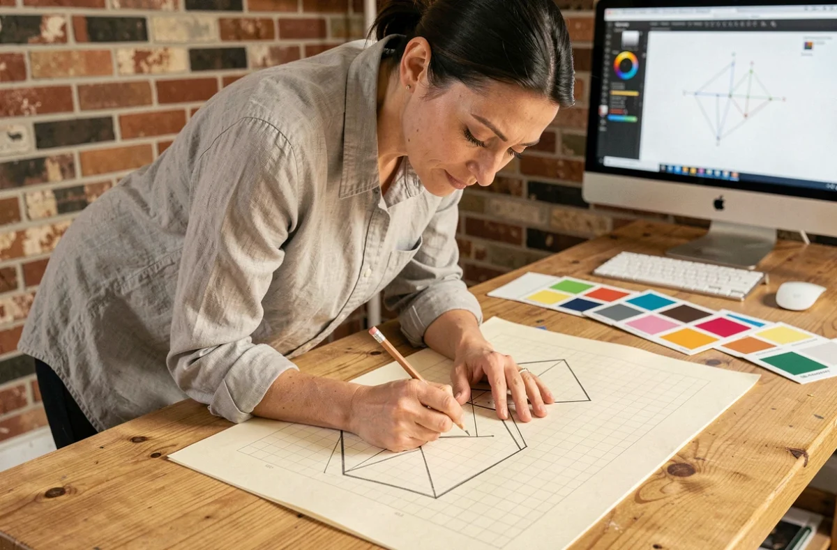Designer en train de dessiner un croquis vectoriel sur papier quadrillé avant numérisation en fichier SVG