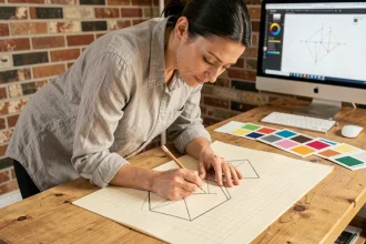 Designer en train de dessiner un croquis vectoriel sur papier quadrillé avant numérisation en fichier SVG