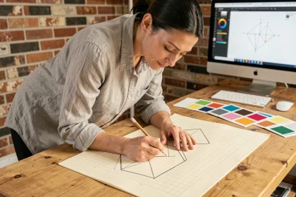 Designer en train de dessiner un croquis vectoriel sur papier quadrillé avant numérisation en fichier SVG