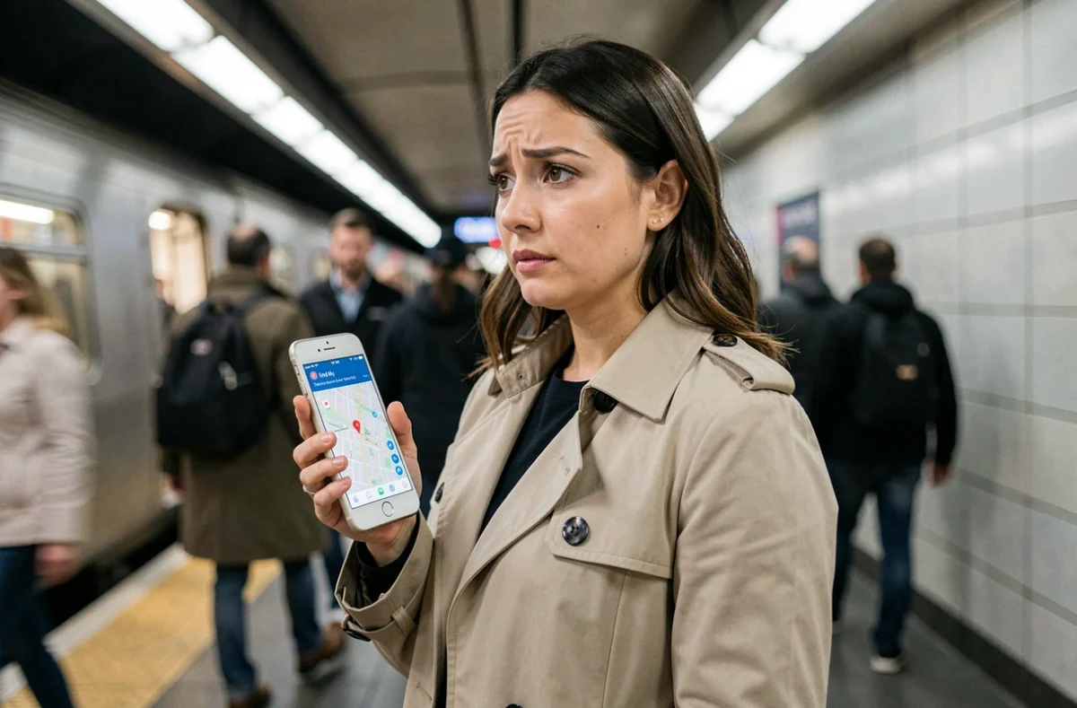 Femme consultant l'application Find My sur iPhone dans le métro pour détecter un AirTag inconnu lors de son trajet quotidien