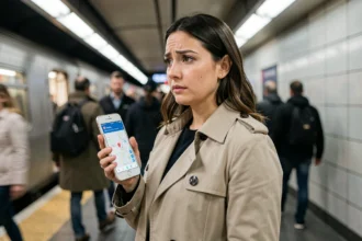 Femme consultant l'application Find My sur iPhone dans le métro pour détecter un AirTag inconnu lors de son trajet quotidien