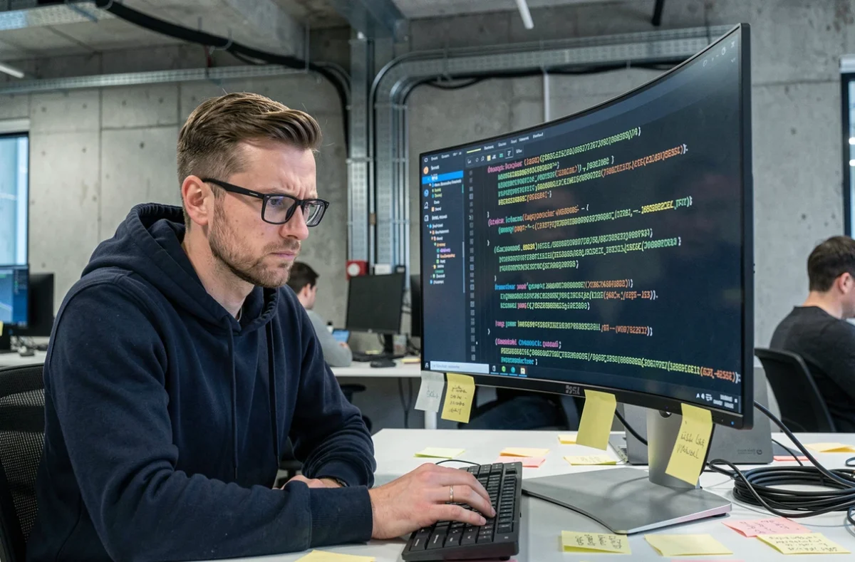 Développeur informatique analysant des hash SHA sur un écran ultrawide dans un bureau moderne, expression sceptique et concentrée
