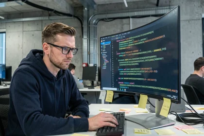 Développeur informatique analysant des hash SHA sur un écran ultrawide dans un bureau moderne, expression sceptique et concentrée