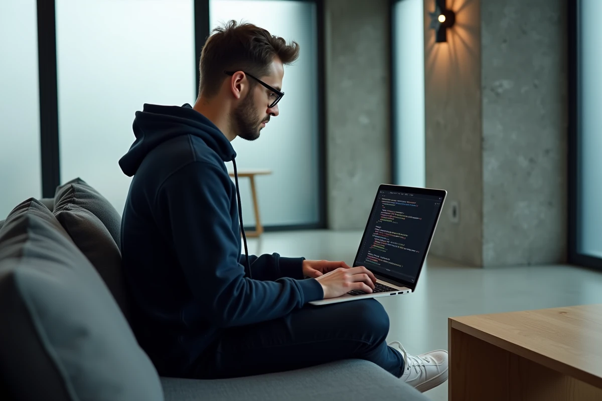Développeur front-end codant la validation HTML côté client dans un éditeur de code sur son laptop
