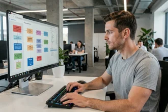 Développeur web analysant une architecture de composants réutilisables avec des schémas flex sur un grand écran dans un bureau moderne