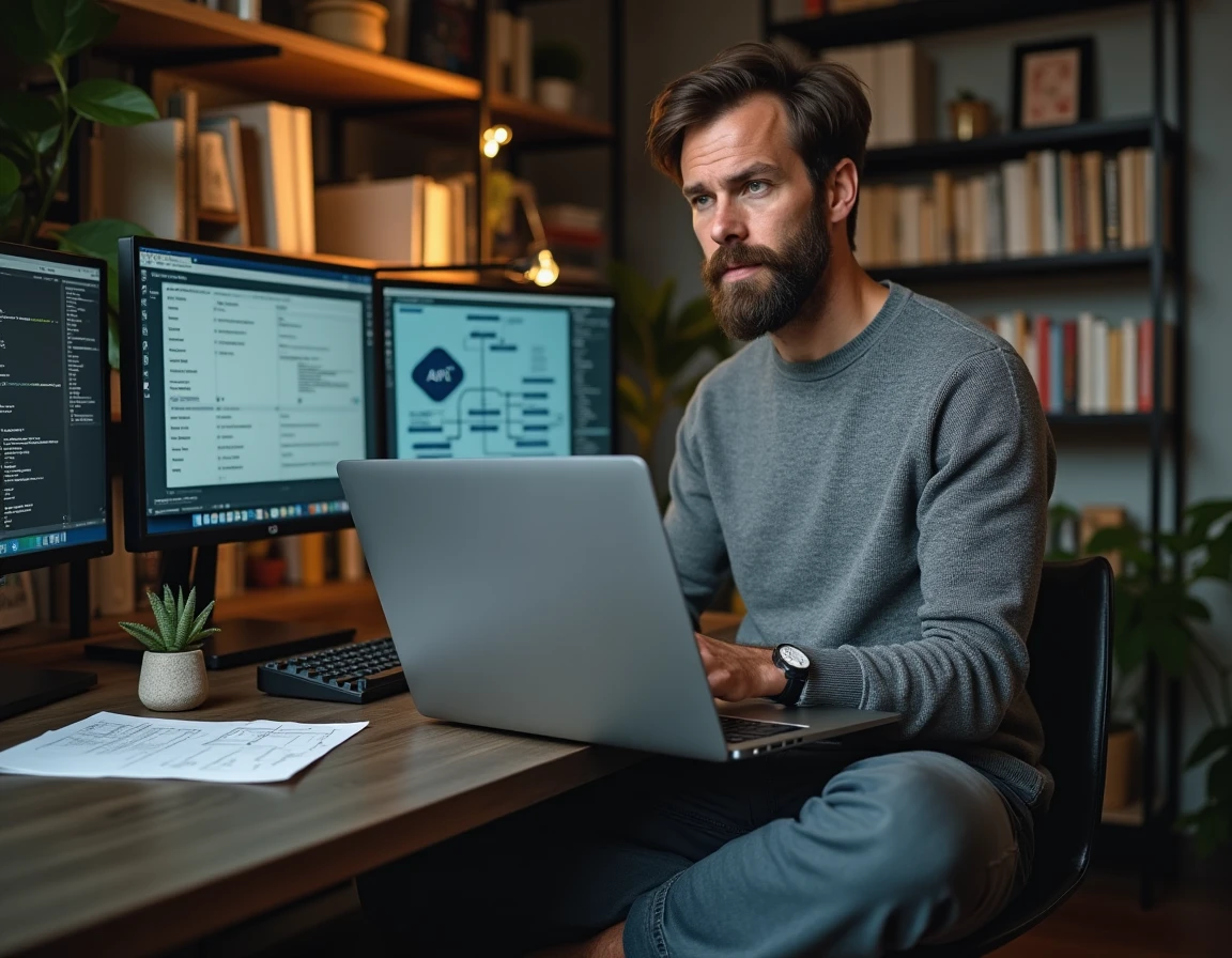 Développeur travaillant à l'intégration d'un outil dans son environnement logiciel depuis un bureau à domicile